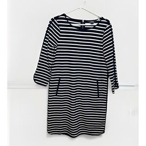 Lands End Dress 10 Navy White Stripe 3/4 Sleeve Shift Pockets‎ Comfort Stretch